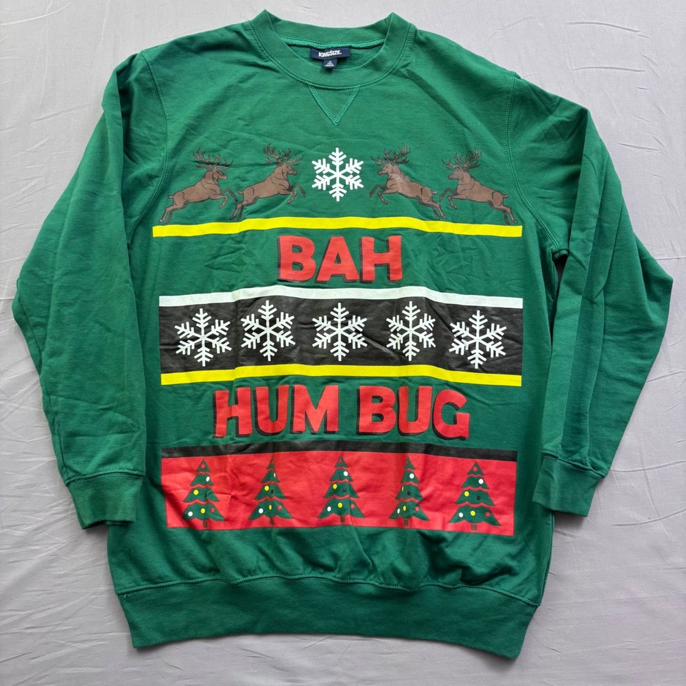 KingSize Mens Bah Hum Bug Christmas Sweatshirt Green XL Tall Holiday Graphic